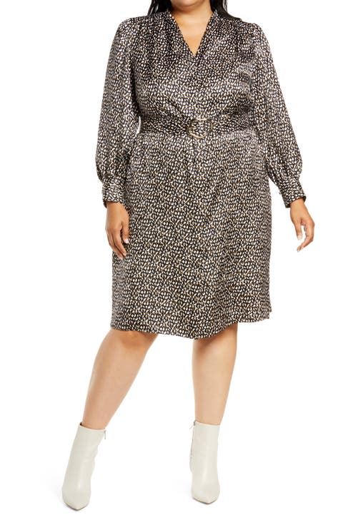 Clementine Brushstroke Print Long Sleeve Silk Dress (Plus Size)