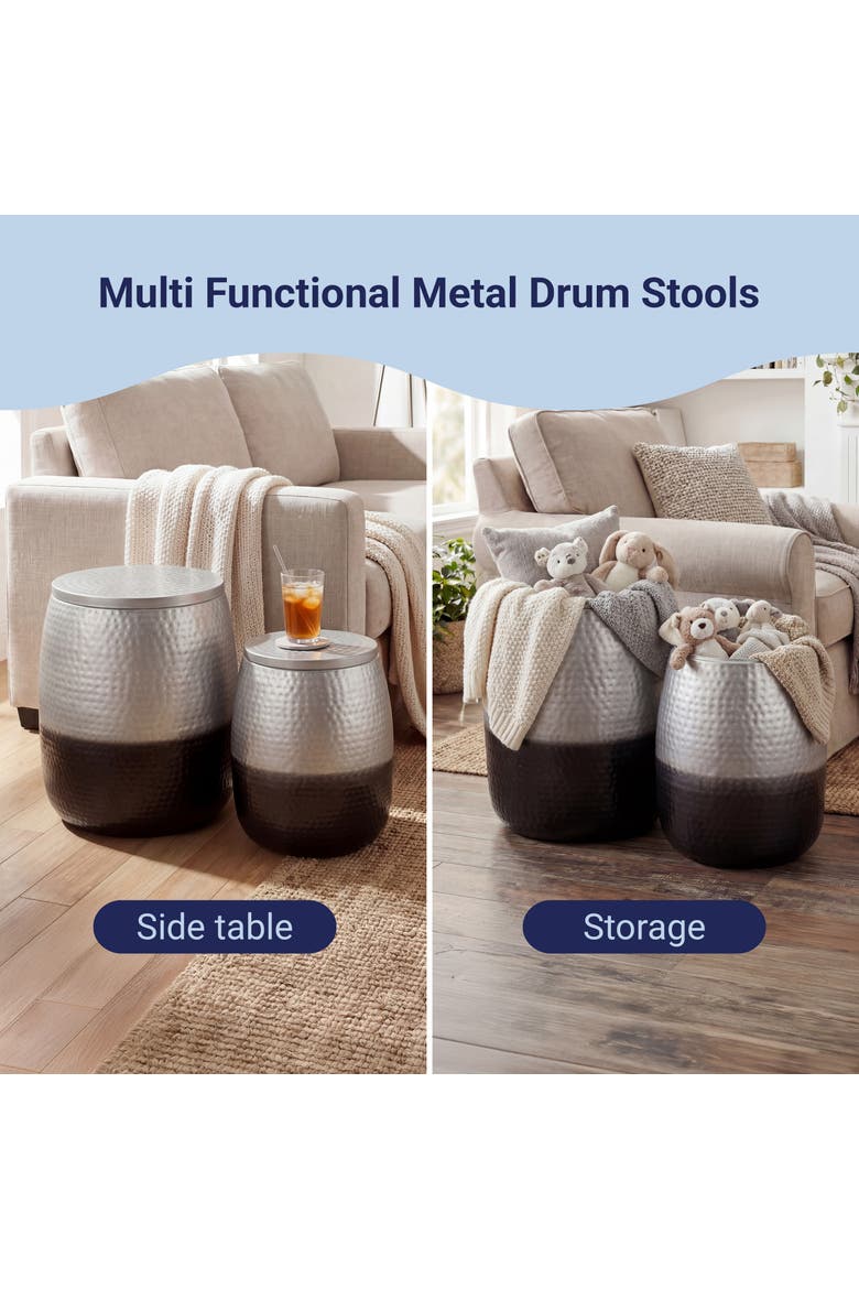 Merida Modern Rustic 2-Piece Hammered Metal Drum Storage Side Tables with Lids, Alternate, color, Silver/Black