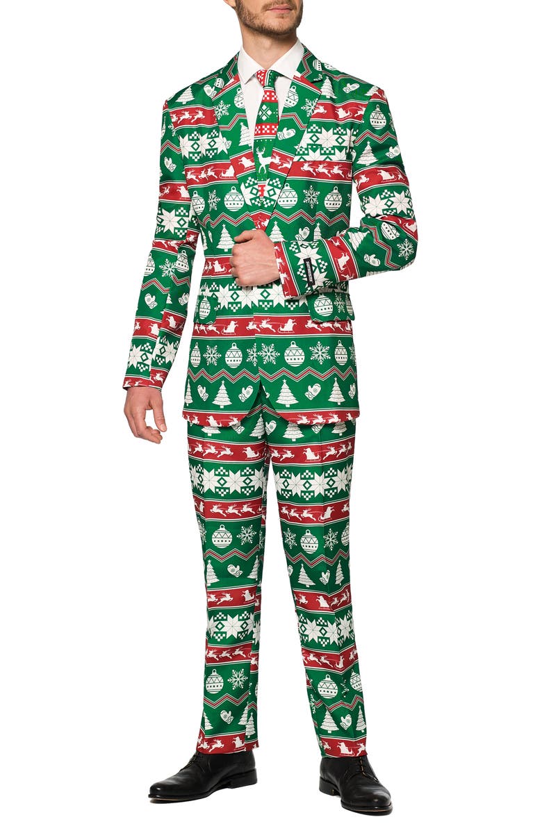 OppoSuits Christmas Green Nordic Trim Fit Suit & Tie, Main, color, Green