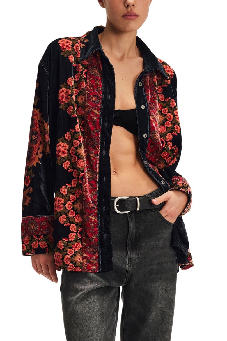 One Night Placed Print Velvet Button-Up Shirt, Main, color, NIGHT OWL COMBO