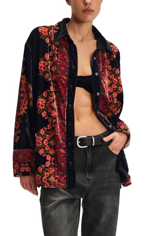 Free People One Night Placed Print Velvet Button-up Shirt In Black