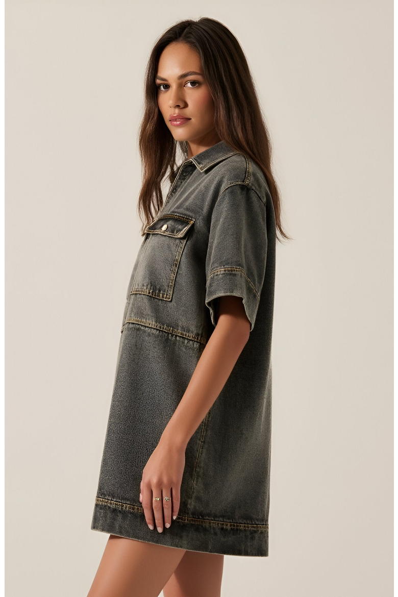 Solid Denim Mini Shirt Dress with Collared V-Neck, Short Sleeves and Chest Flap Pockets, Alternate, color, Washed Black