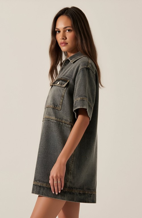 Modenaire Solid Denim Mini Shirt Dress With Collared V-neck, Short Sleeves And Chest Flap Pockets In Black