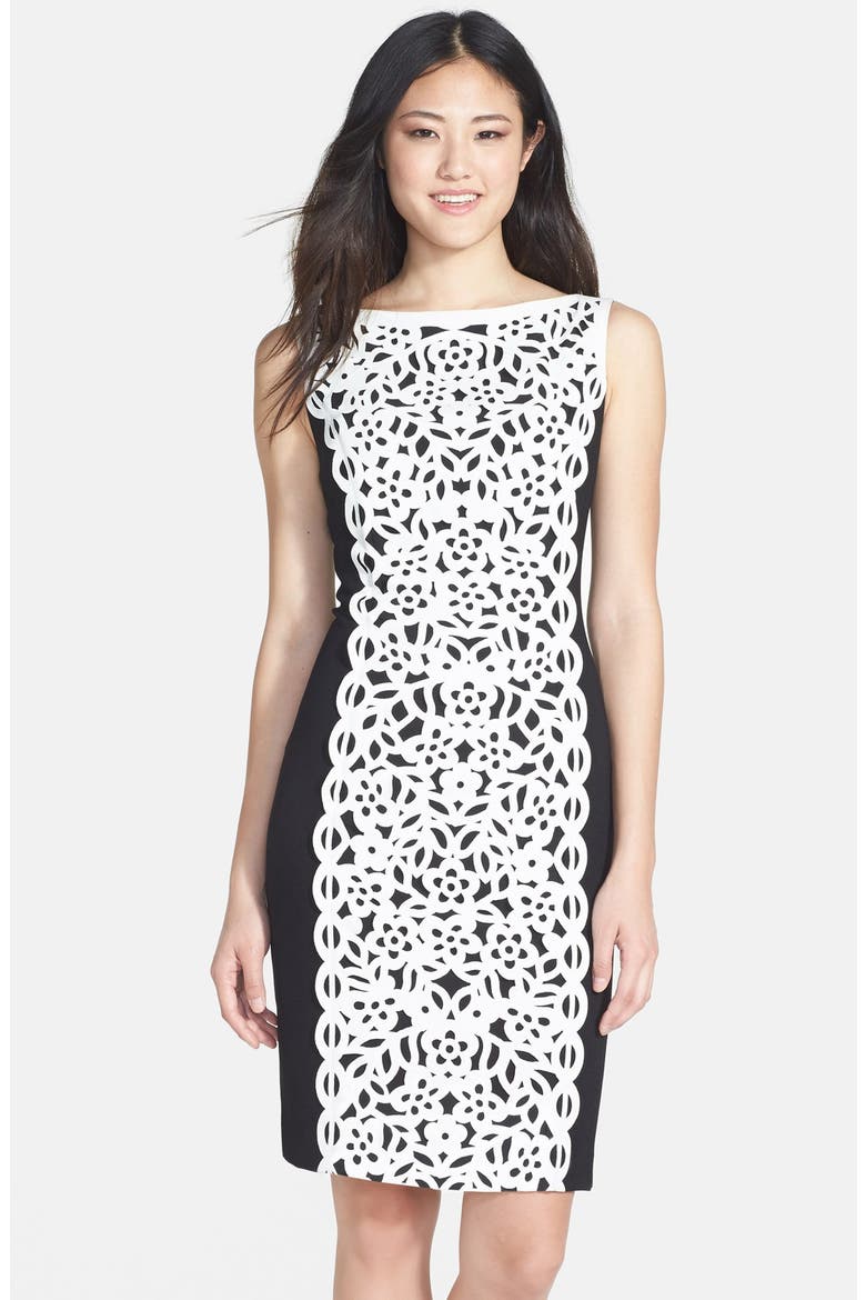 Laser Cut Crepe Dress, Main, color, BLACK/ WHITE