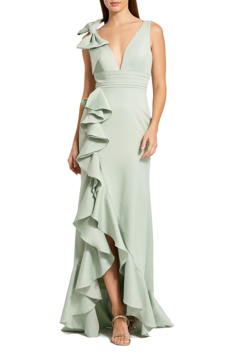 Mac Duggal Crepe Sleeveless Ruffled V-Neck Gown With Bow, Main, color, Sage