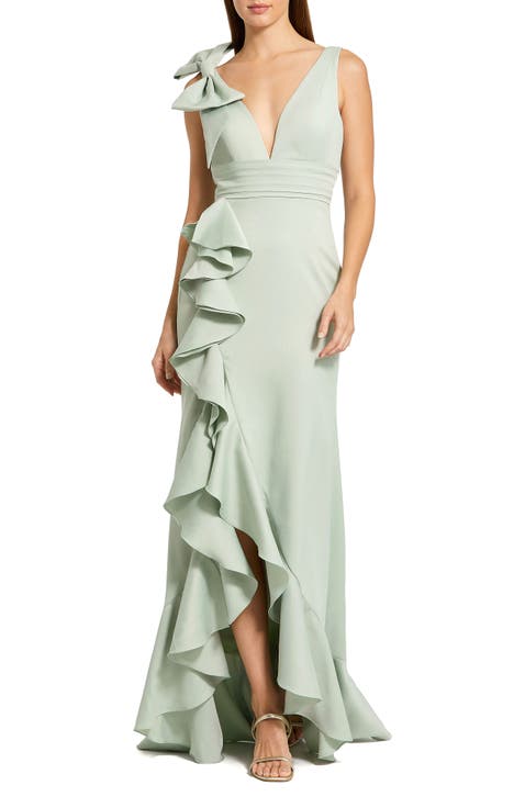 Crepe Sleeveless Ruffled V-Neck Gown With Bow