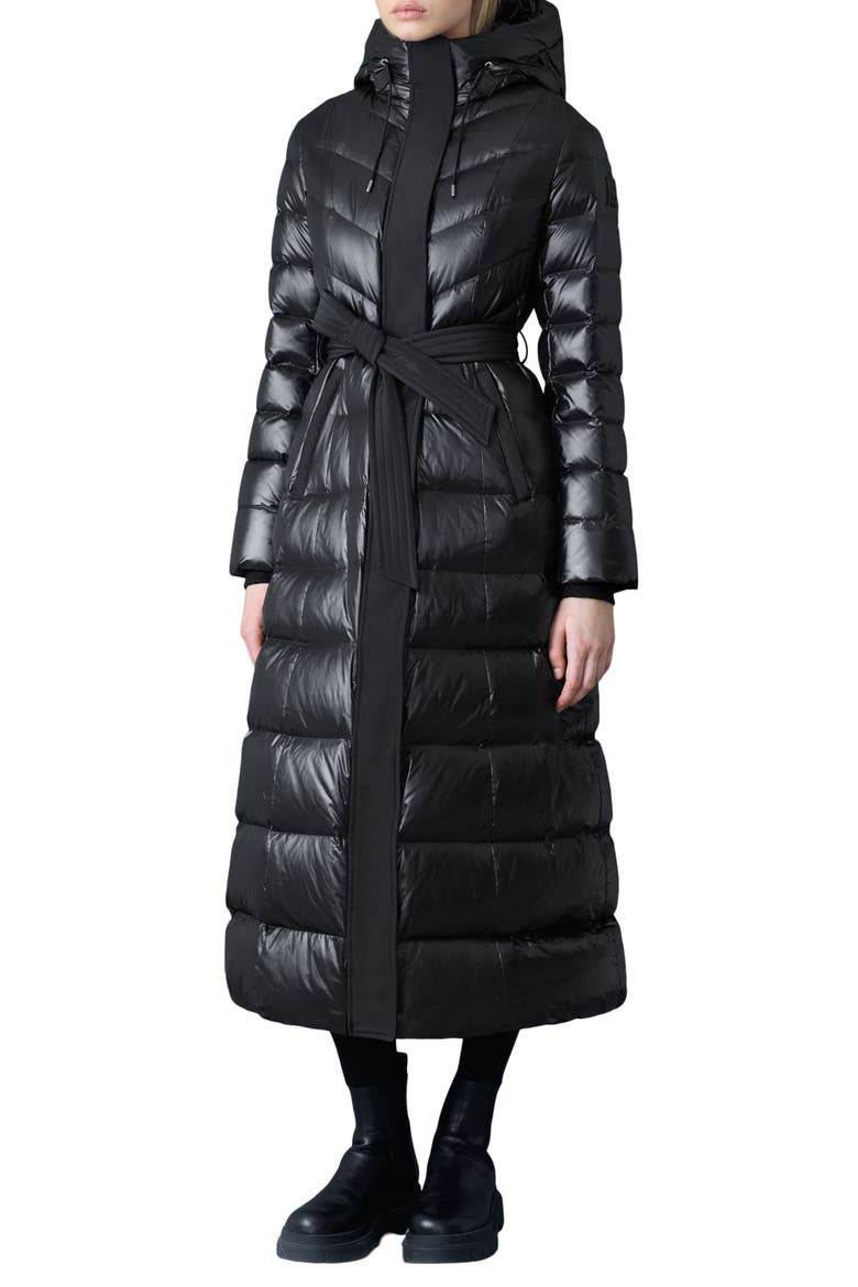 Calina Lustrous Water Repellent Down Coat, Main, color, BLACK