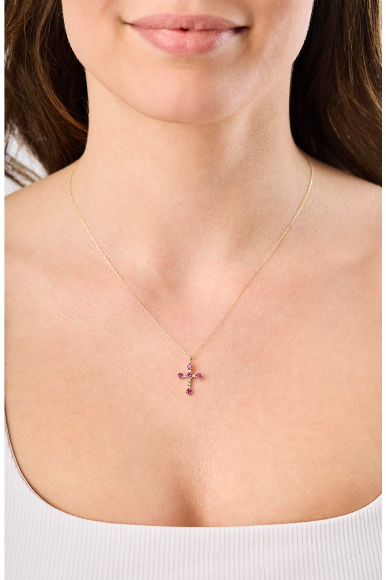 18K Gold El Mar Gemstone & Diamond Cross Pendant Necklace (Online Trunk Show), Alternate, color, 18K YG/ DIAMOND/ RUBY