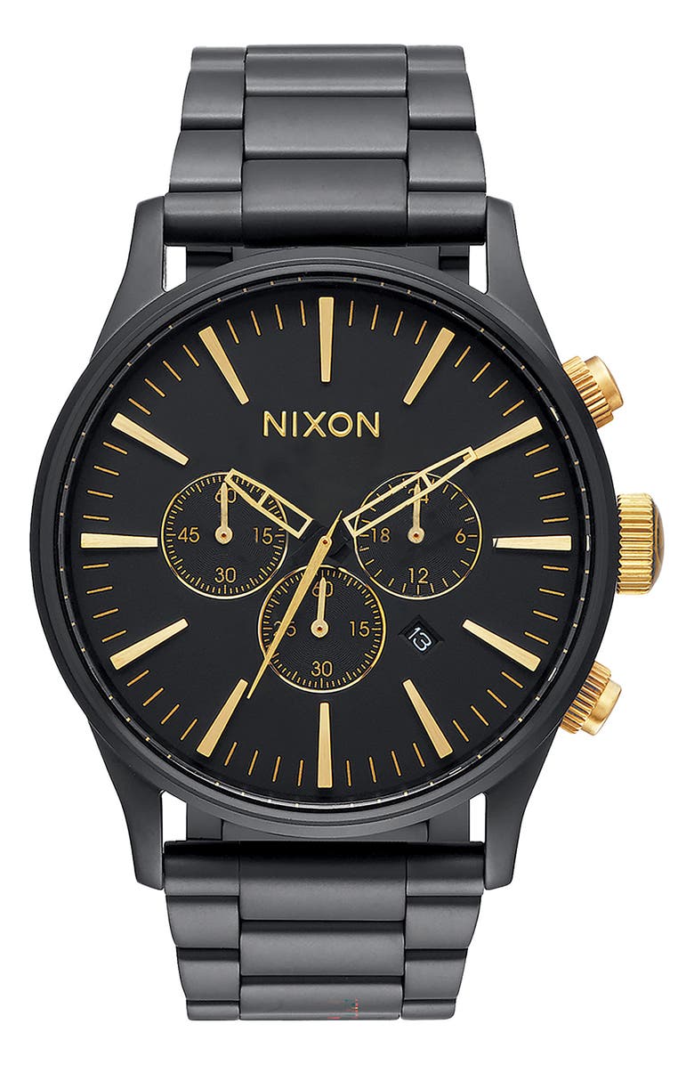 Nixon Sentry Chronograph Bracelet Watch, 42mm, Main, color, Black/Gold