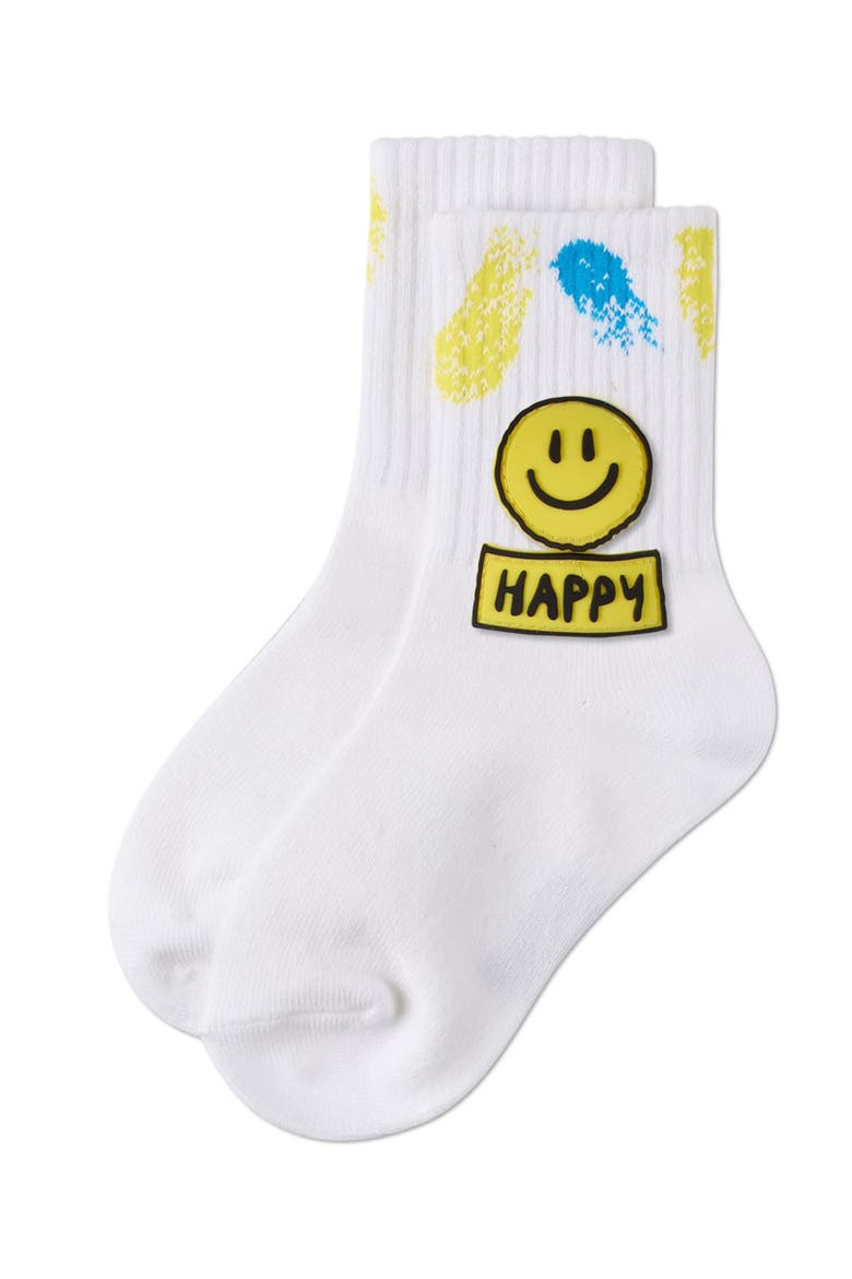 Happy Face Crew Sock with Splatter Paint Graphics, Alternate, color, Neon Yellow