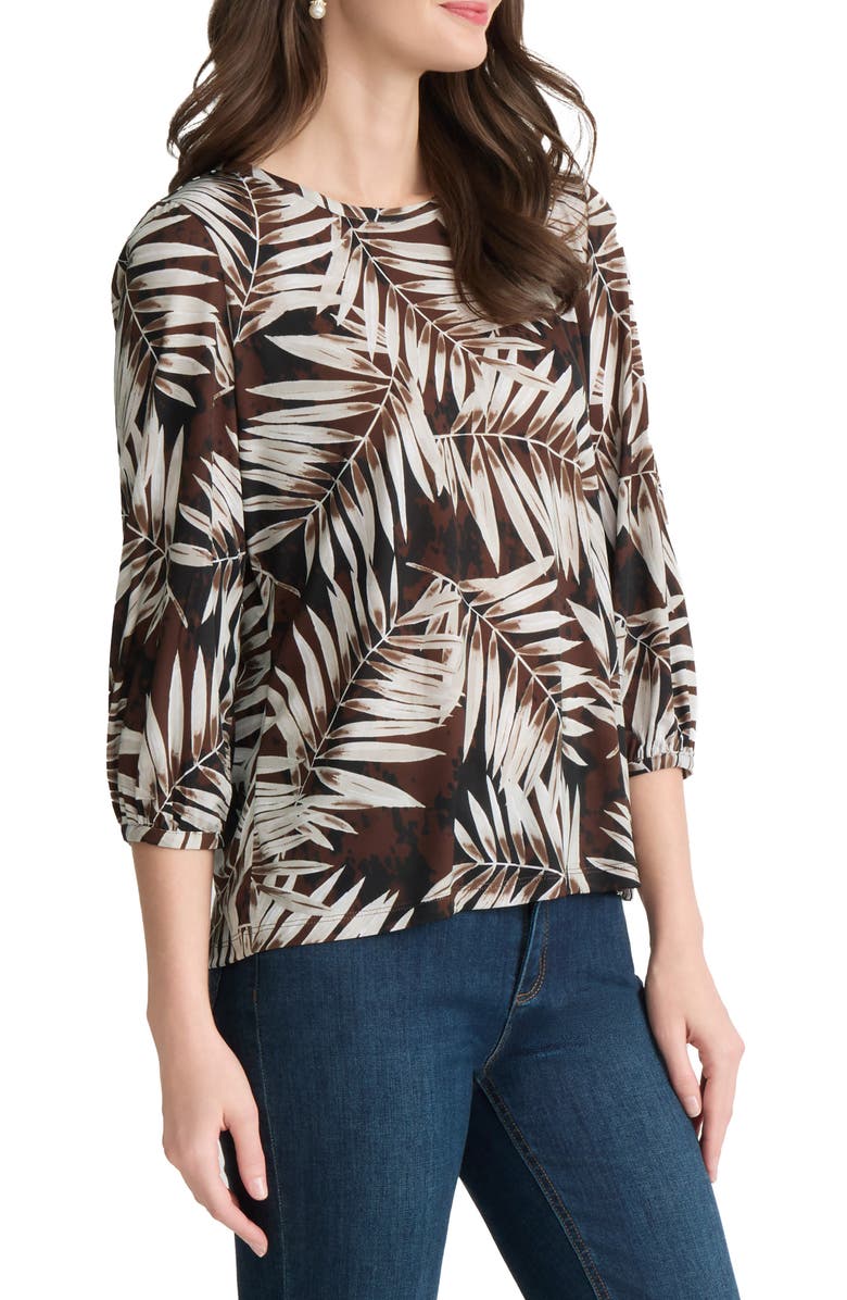 Jones New York Button Shoulder Palm Print Top, Alternate, color, Fudge Multi
