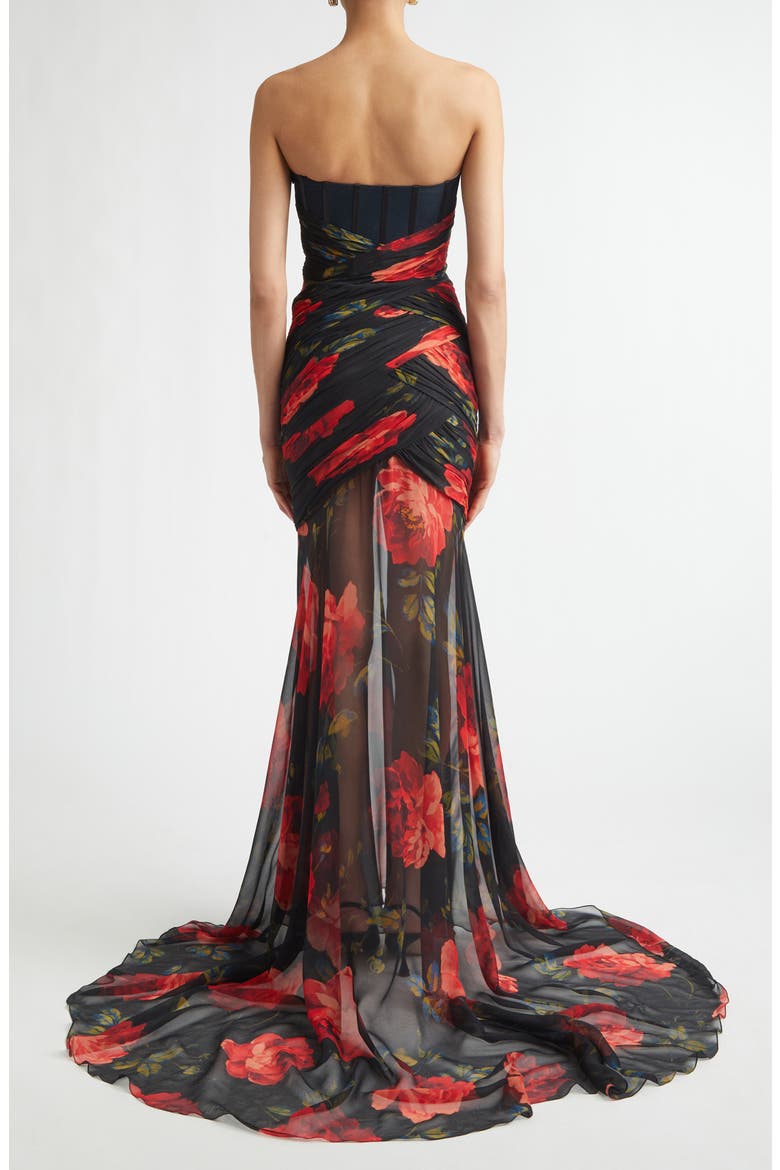 Rose Print Silk Chiffon Bustier Gown, Alternate, color, BLACK MULTI