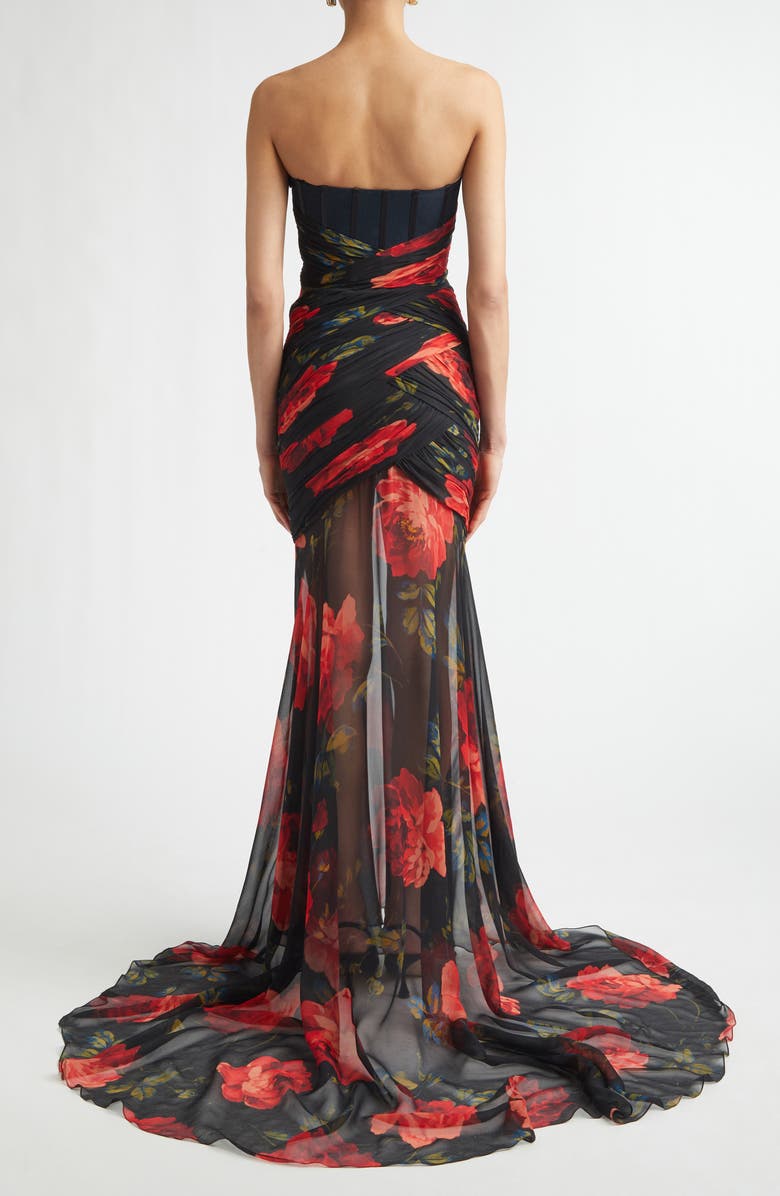 Carolina Herrera Rose Print Silk Chiffon Bustier Gown, Alternate, color, Black Multi