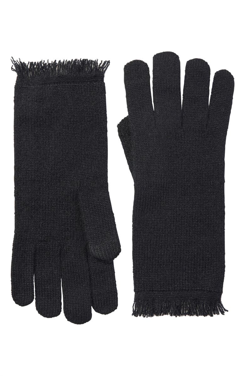 Amicale Fringed Cashmere Knit Gloves, Main, color, Black