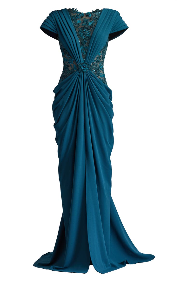 Pleated Lace Gown, Alternate, color, CERULEAN