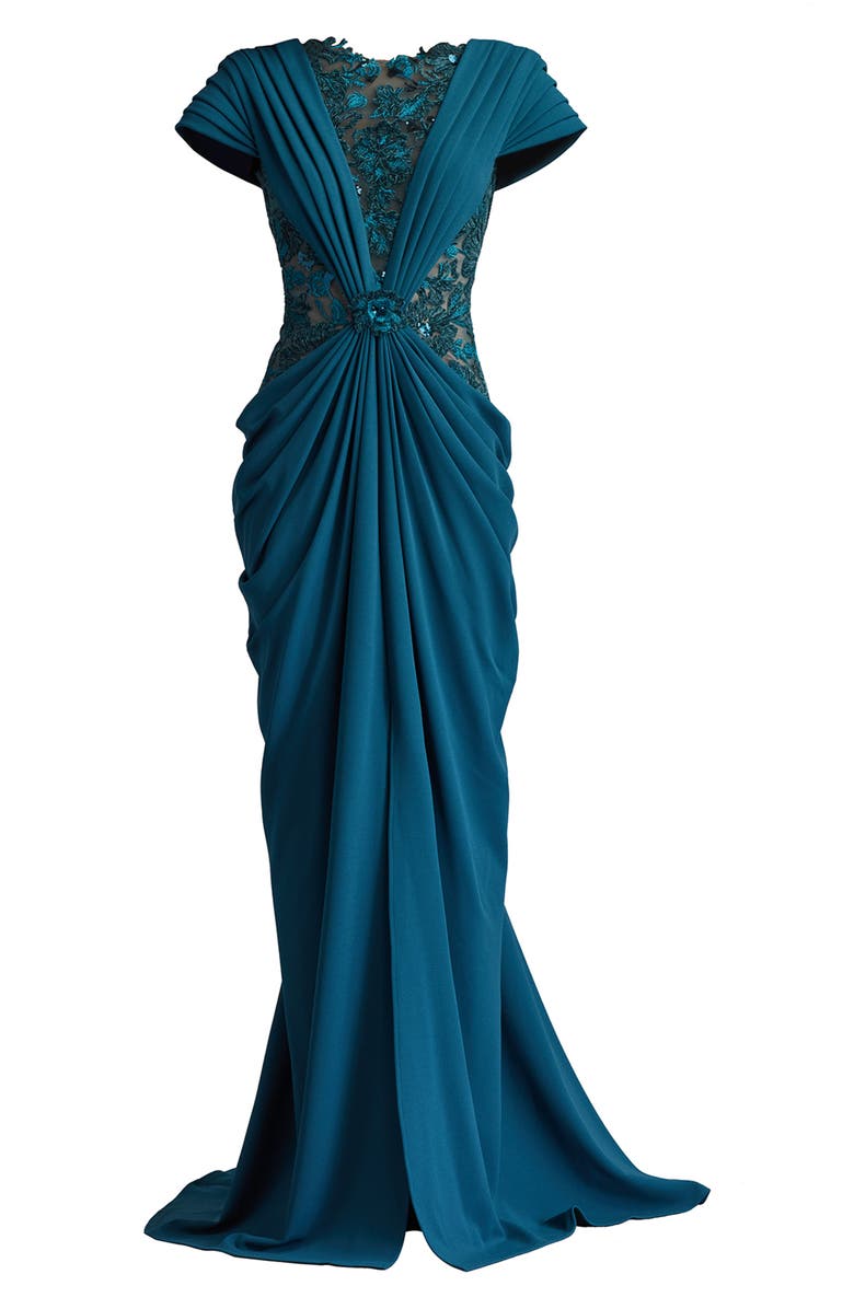 Tadashi Shoji Pleated Lace Gown, Alternate, color, Cerulean