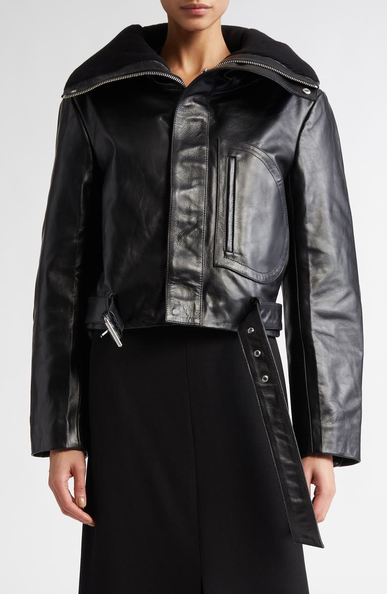 Victoria Beckham Crop Belted Leather Biker Jacket, Main, color, 