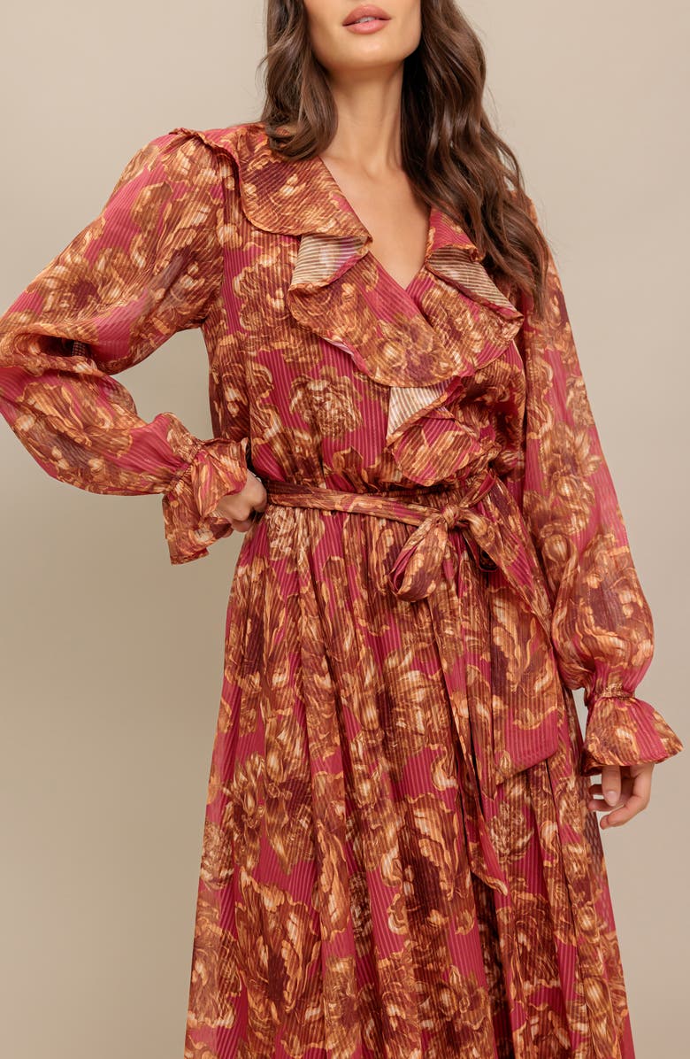 FLYING TOMATO Floral Long Sleeve Midi Dress, Alternate, color, Terracotta