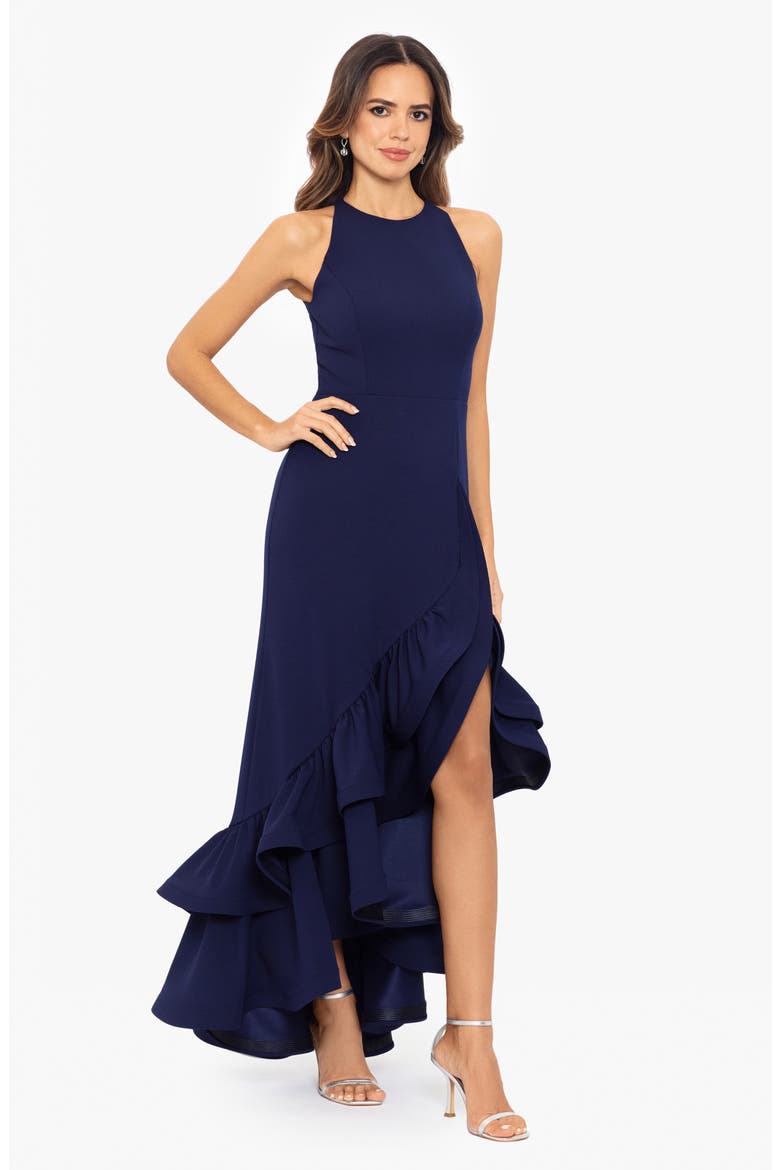 Ruffle Halter Crepe Gown, Alternate, color, NIGHT