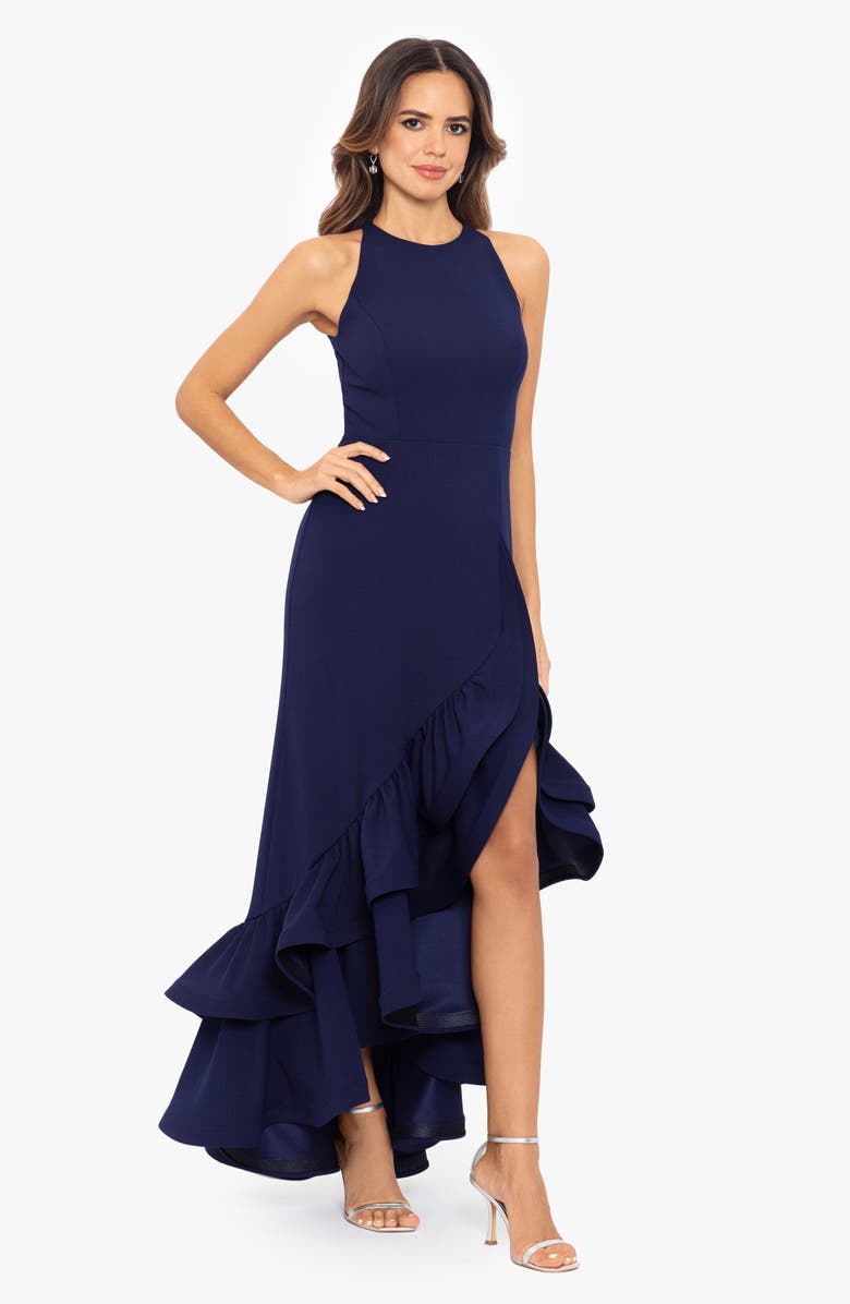 Betsy & Adam Ruffle Halter Crepe Gown, Alternate, color, Night Blue