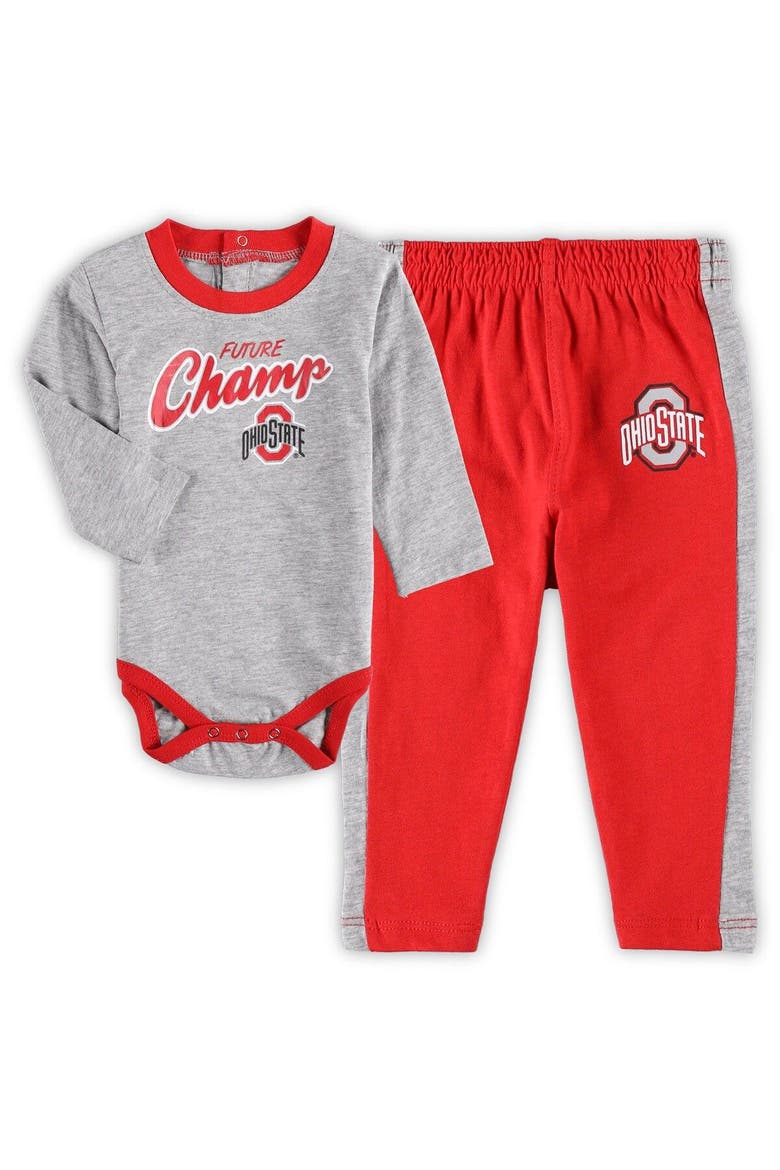 Newborn & Infant Scarlet/Heathered Gray Ohio State Buckeyes Little Kicker Long Sleeve Bodysuit & Sweatpants Set, Main, color, Scarlet