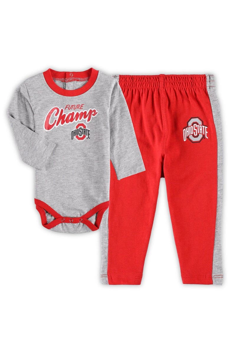 Outerstuff Newborn & Infant Scarlet/Heathered Gray Ohio State Buckeyes Little Kicker Long Sleeve Bodysuit & Sweatpants Set, Main, color, 