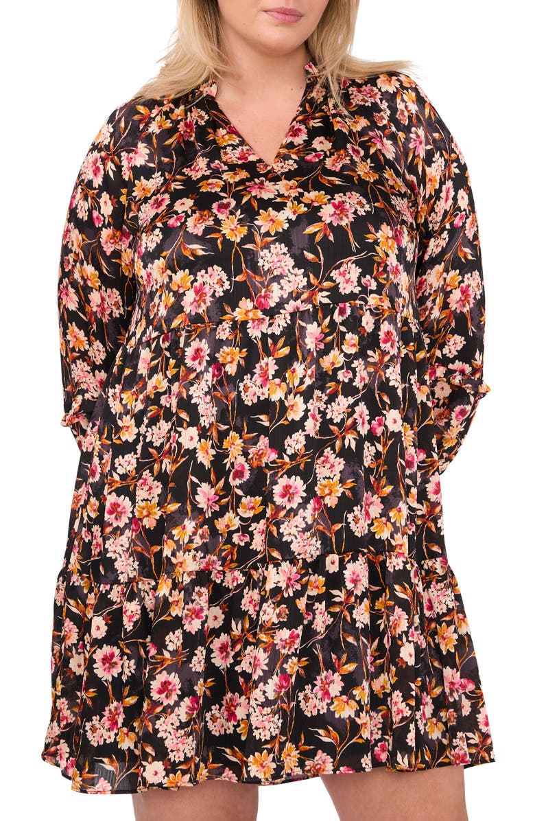 CeCe Floral Print Long Sleeve Babydoll Dress, Alternate, color, Rich Black