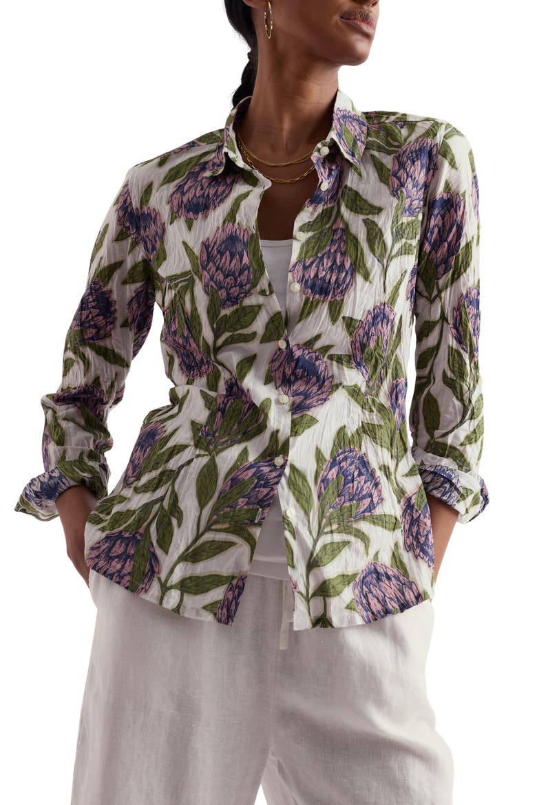 Larissa Crinkled Floral Organic Cotton Button-Up Shirt, Main, color, PROTEAS CHALK
