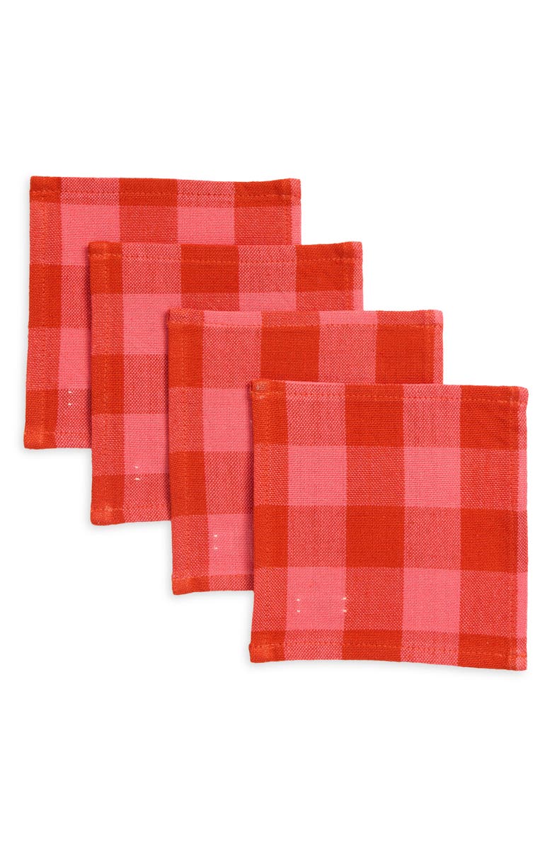 Heather Taylor Home Gingham Guava Set of 4 Cocktail Napkins, Main, color, Guava