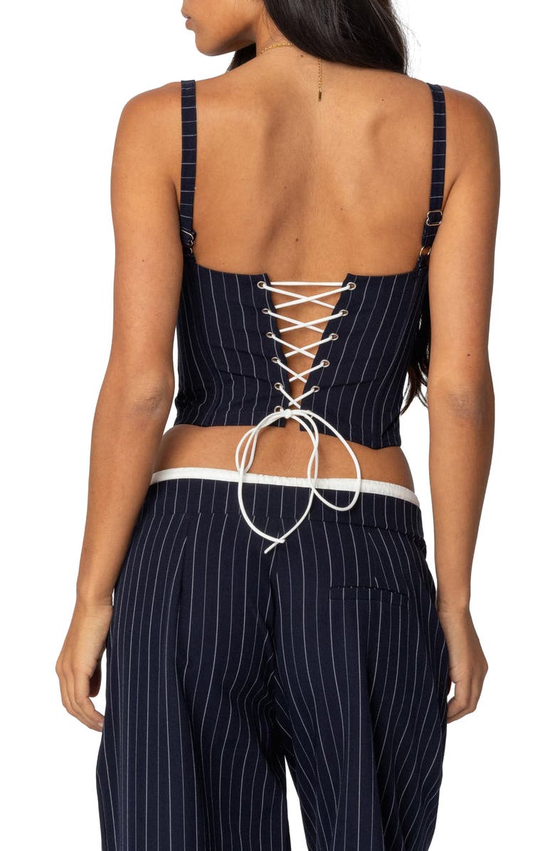 EDIKTED Pinstripe Peekaboo Corset Top, Alternate, color, Navy-And-White