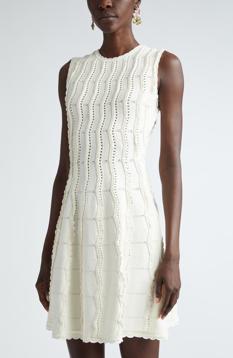 Oscar de la Renta Sleeveless Wave Knit Fit & Flare Dress, Alternate, color, Ivory