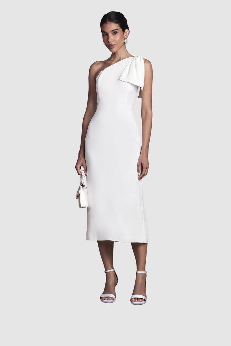 Bow One Shoulder Midi Wedding Dress, Main, color, Ivory