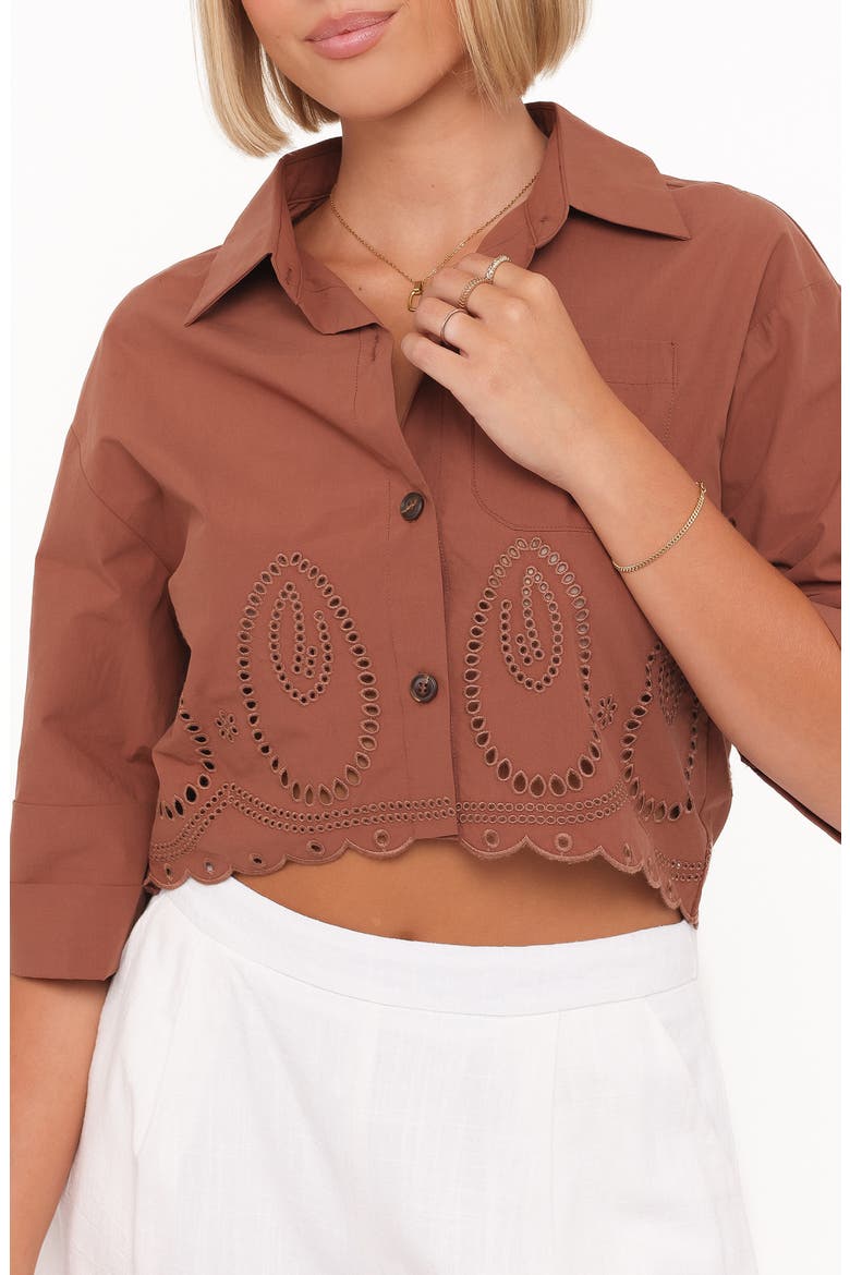 Williams Eyelet Scalloped Hem Crop Button-Up Shirt, Alternate, color, BROWN