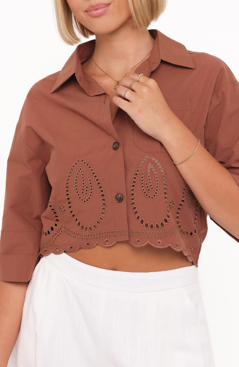 Petal & Pup Williams Eyelet Scalloped Hem Crop Button-Up Shirt, Alternate, color, Brown