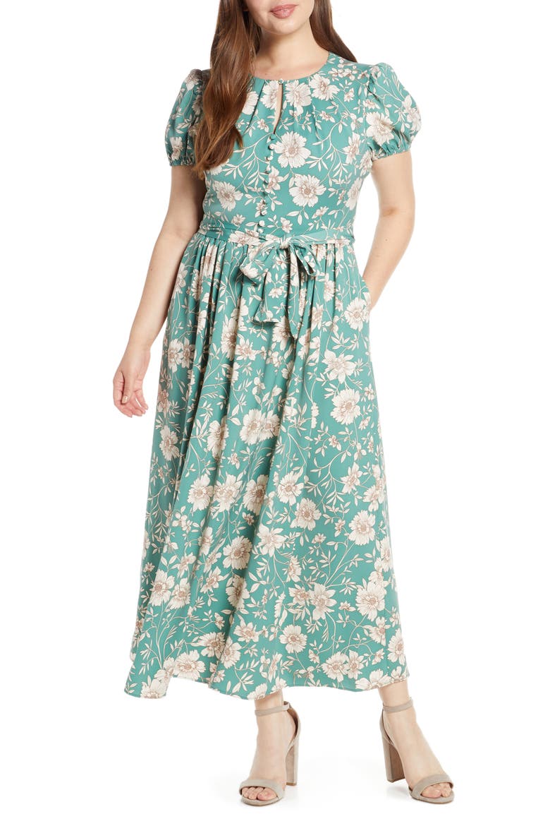 Shannon Pleat Neck Maxi Dress, Alternate, color, JADE/ IVORY
