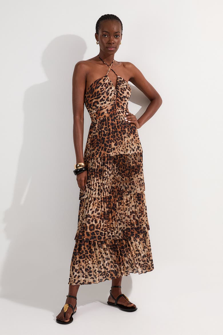 Tiered Halterneck Midi Dress, Main, color, Animal