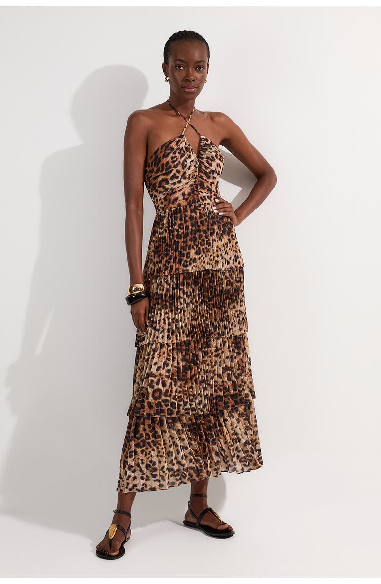 Karen Millen Tiered Halterneck Midi Dress, Main, color, Animal