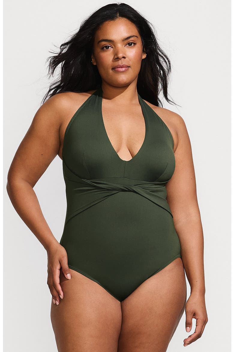 Sculpting Suit Plunge Halter High Leg One Piece Swimsuit, Main, color, Rich Olive Green