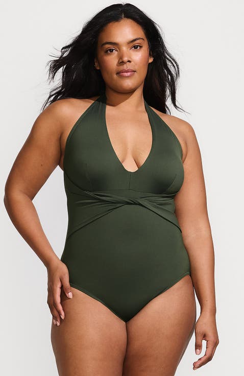 Plus Size Sculpting Suit Plunge Halter High Leg One Piece Swimsuit