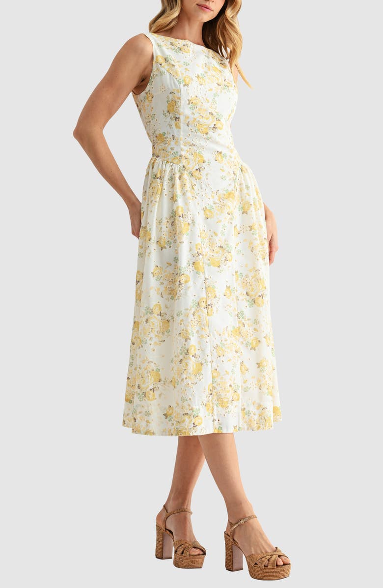 Mila Mae Floral Eyelet Fit & Flare Midi Dress, Alternate, color, Yellow Floral
