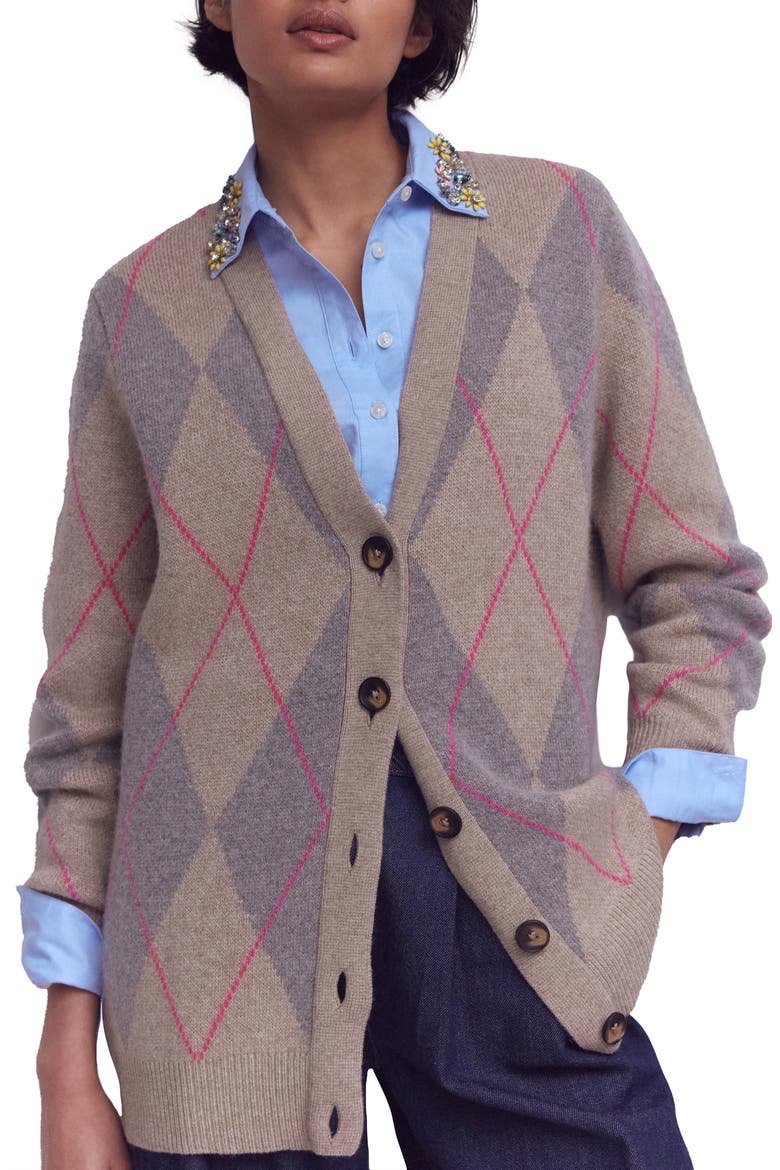 Quinn Argyle Plaid Boyfriend Cardigan, Main, color, NEUTRAL ARGYLE