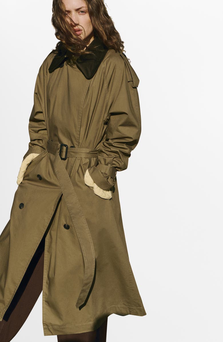 MANGO Double Breasted Trench Coat, Alternate, color, Khaki Green