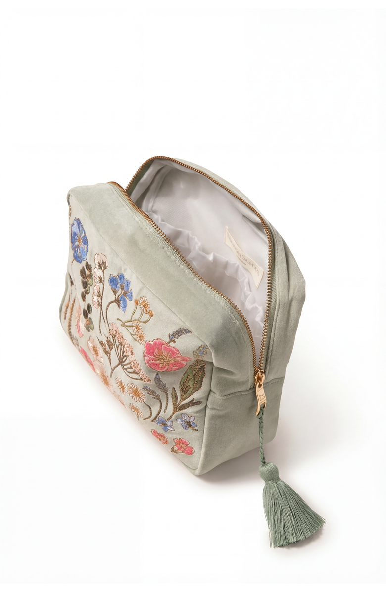 Elizabeth Scarlett Pressed Flowers Velvet Wash Bag, Alternate, color, Sage