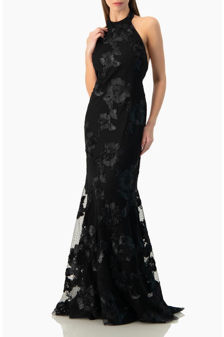 Halter Floral Lace Mermaid Gown, Main, color, Black