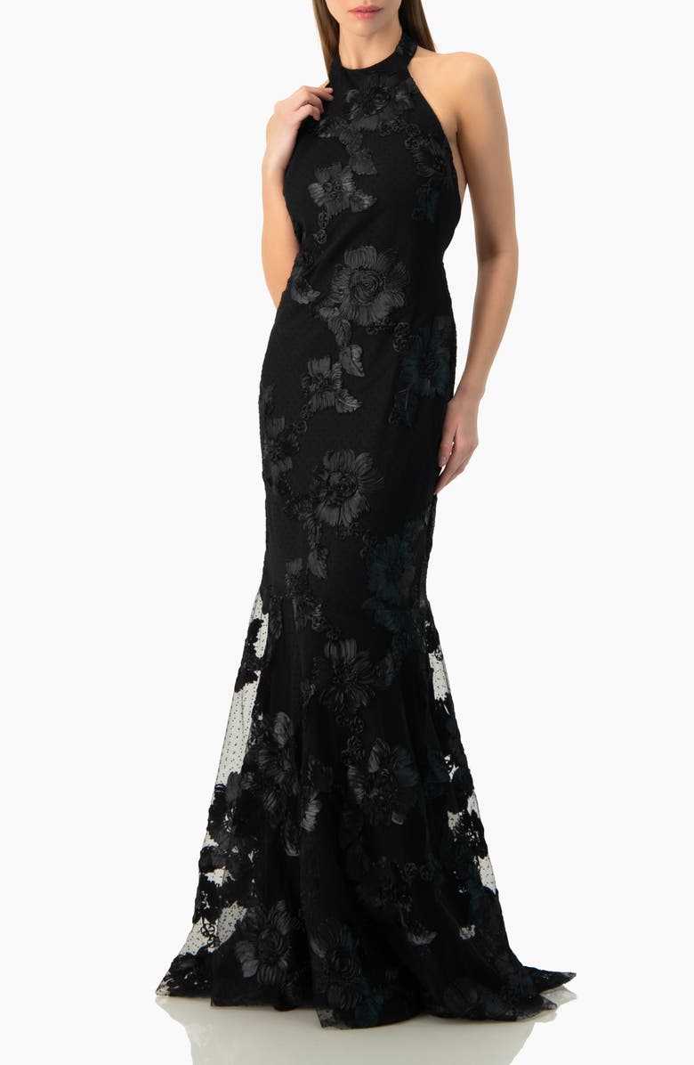 IVONNE Halter Floral Lace Mermaid Gown, Main, color, Black