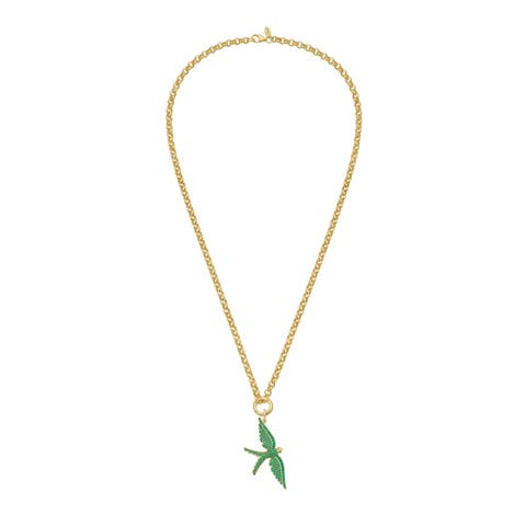 14K Gold Wings of Love Emerald Swallow Charm Rolo Necklace