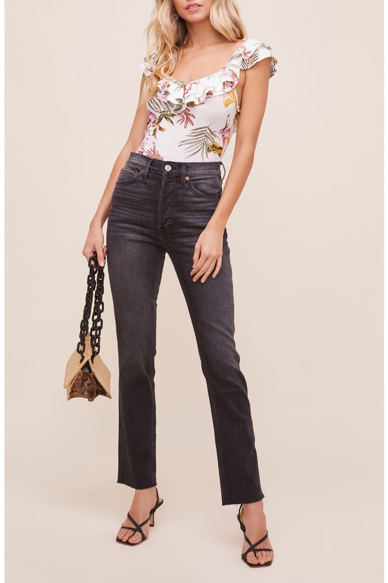 Floral Ruffle Strap Bodysuit, Alternate, color, CREAM MAUVE PALM