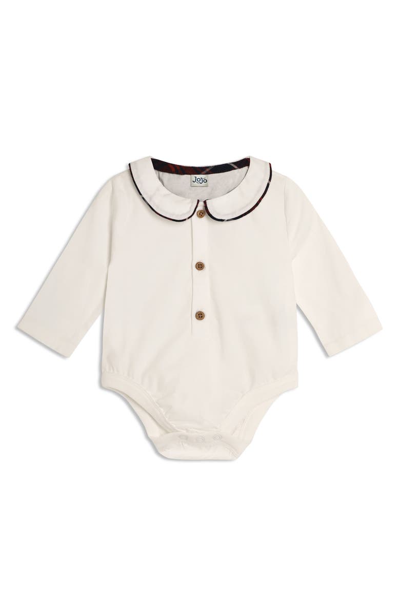 JOJO MAMAN BEBE Peter Pan Collar Bodysuit & Plaid Suspender Shorts Set, Alternate, color, 