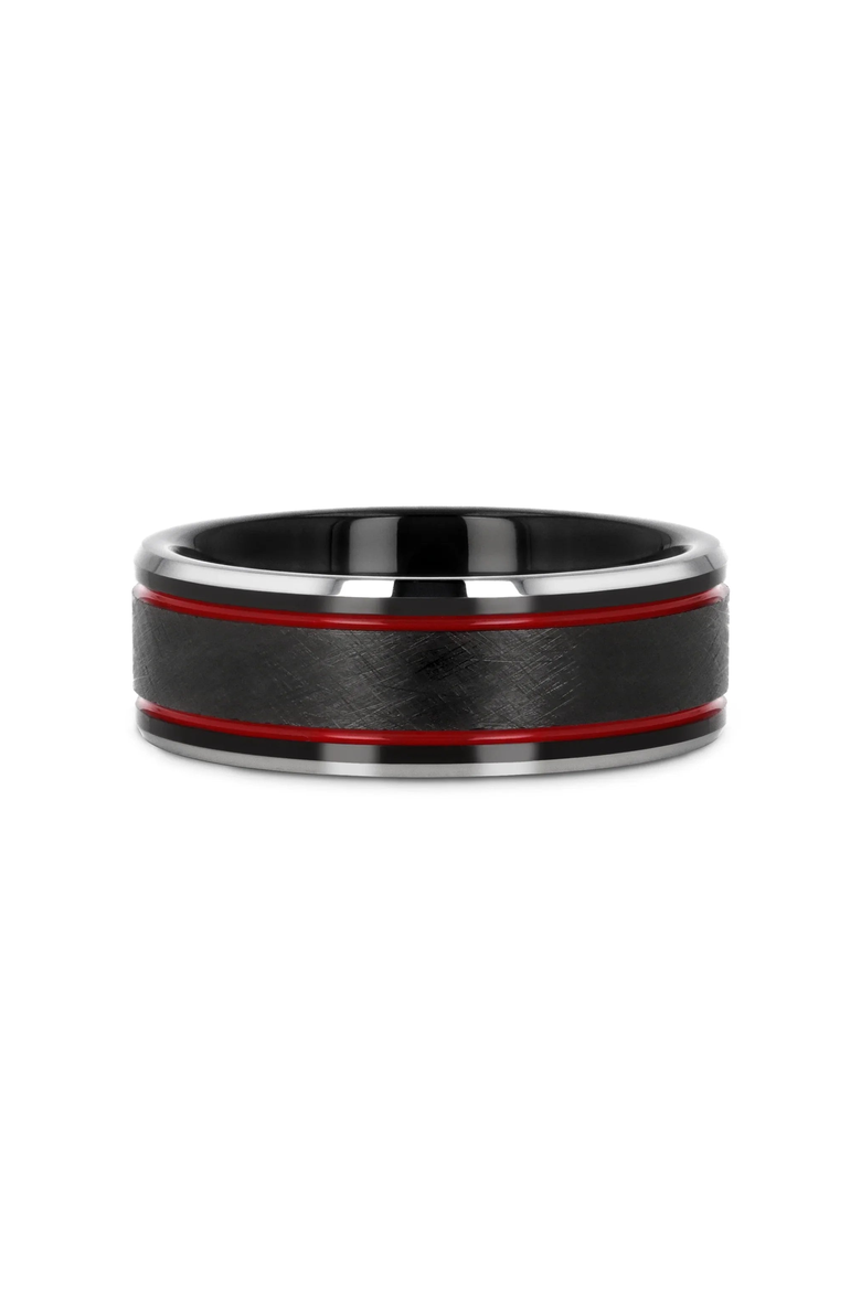 Olis Wire Finish Tungsten Wedding Band, Alternate, color, Black / Red