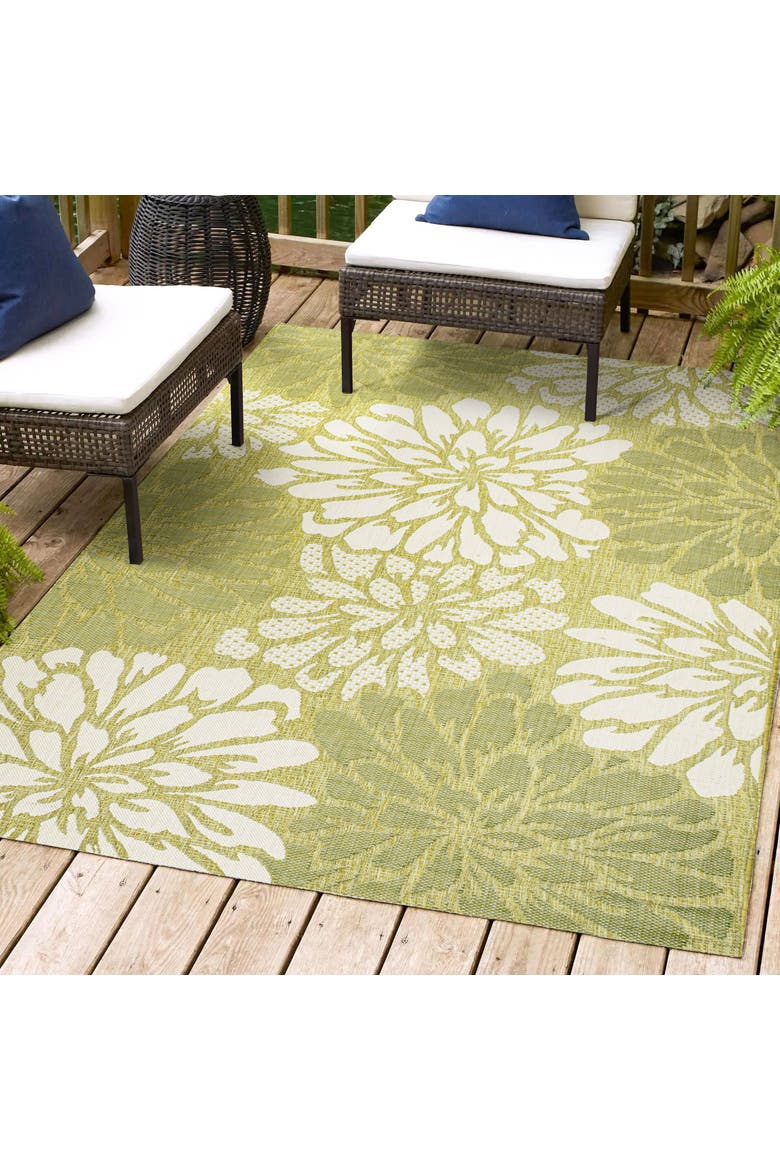 Zinnia Modern Floral Textured Weave Indoor/Outdoor Area Rug, Alternate, color, Green/Cream